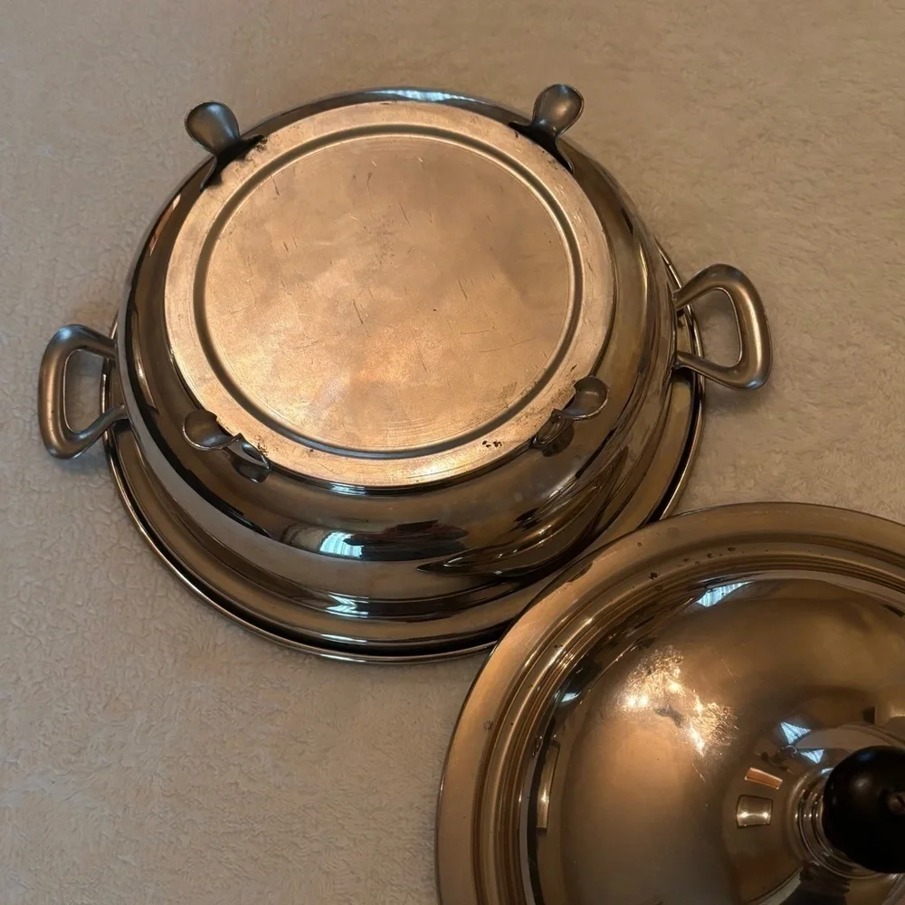Vintage Silver Footed & Lidded Serving Dish with Cobalt Blue Insert Dish